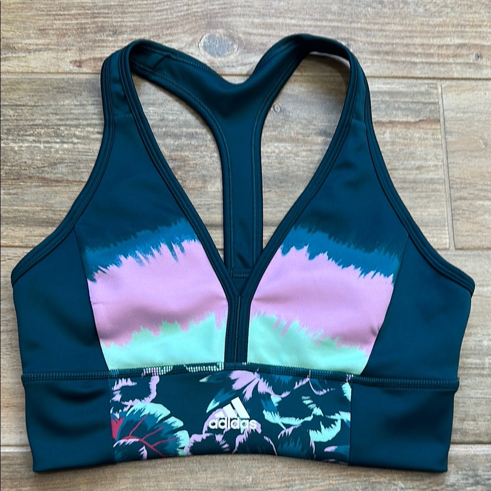 Adidas Green and Pink Sports Bra with Racerback Design